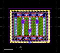 Layout abut nf=4: bốn finger chung một vùng diffusion, một guard ring bao ngoài