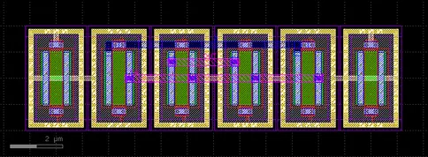 Layout common-centroid 6-device rời: sáu transistor NMOS xếp hàng D-A-B-B-A-D, mỗi con guard ring riêng, hai rail met2 ngang nối chung